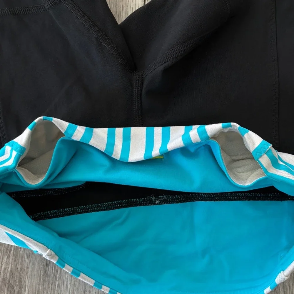 Lululemon Turbo Run‎ Shorts Black Teal Striped Waistband Low Rise Zip Pocket 4